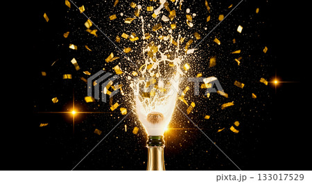 Champagne bottle popping with golden confetti explosion, celebration, new year party, success toast, festive event, isolated on black background, luxury 133017529