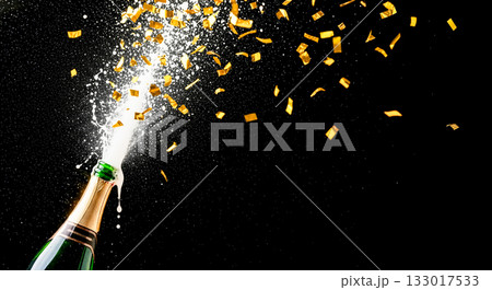 Champagne bottle popping with golden confetti explosion, celebration, new year party, success toast, festive event, isolated on black background, copy space 133017533