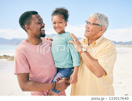 Grandpa, dad and girl on beach holiday in South Africa with love, happiness and freedom together. Travel, happy black family and generations smile, bonding and fun on summer vacation for men and kid Grandpa, dad and girl on beach holiday in South Africa with love, happiness and freedom together. Travel, happy black family and generations smile, bonding and fun on summer vacation for men and kid 133017640