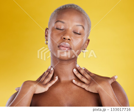 Peace, health and black woman with skincare, dermatology and confidence against a studio background. African American female, lady and cosmetics with grooming, treatment and natural care for beauty Peace, health and black woman with skincare, dermatology and confidence against a studio background. African American female, lady and cosmetics with grooming, treatment and natural care for beauty 133017716