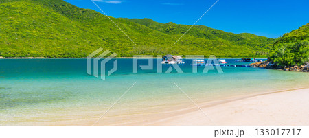 sandy beach in bay by the sea in summer. A tropical luxury resort on an island for relaxing trip. Panorama landscape with exotic ocean view 133017717