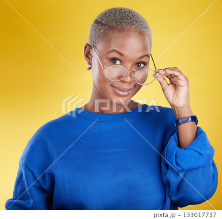 Face, black woman and glasses for vision, fashion and casual outfit against a studio background. Portrait, African American female and lady with spectacles, eyewear and clear sight with confidence Face, black woman and glasses for vision, fashion and casual outfit against a studio background. Portrait, African American female and lady with spectacles, eyewear and clear sight with confidence 133017737