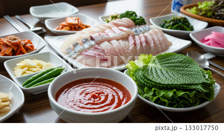 Korean Sashimi Meal with Chogochujang Sauce and Vegetables 133017750