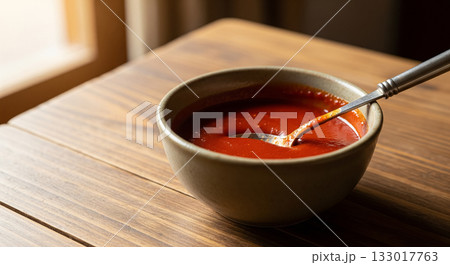 Rustic Bowl of Chogochujang Sauce with Spoon 133017763