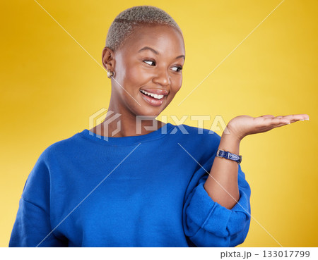 Mock up, smile and black woman with product placement in studio isolated on a yellow background. Mockup promotion, happy and African female with palm for advertising, marketing and branding space. Mock up, smile and black woman with product placement in studio isolated on a yellow background. Mockup promotion, happy and African female with palm for advertising, marketing and branding space. 133017799