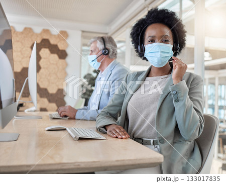 Portrait, call center and woman with covid compliance, face mask and job safety in office workspace. African telecom agent, consultant or person with health advice, insurance and virtual tech support 133017835