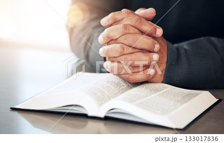 Bible, hands and prayer of a man reading christian text for spiritual healing and religion. Lens flare, hand closeup and praying of a person with peace and a book for praise, support and hope 133017836