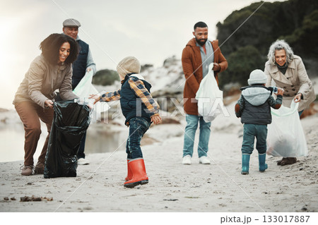 Garbage, beach cleaning and children, family or volunteering group in education, learning and community service. Grandparents, people and kids helping with plastic waste for pollution on earth day Garbage, beach cleaning and children, family or volunteering group in education, learning and community service. Grandparents, people and kids helping with plastic waste for pollution on earth day 133017887
