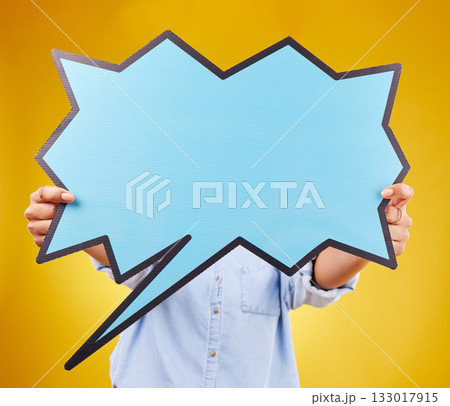 Social media, studio person and hands with speech bubble for opinion, marketing space or brand advertising. Product placement, mock up billboard and comic woman with voice mockup on yellow background 133017915