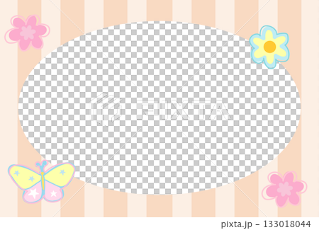 Rectangle frame with pastel orange stripe pattern, butterfly, flower for school name tag, print, decoration, polaroid photo, ad template, social media post, poster, book cover design, notepad, animals 133018044