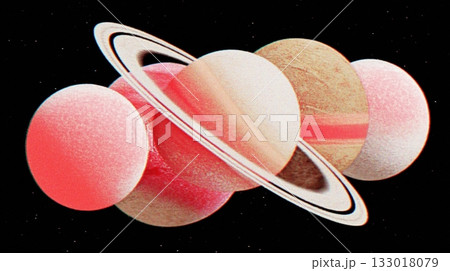 Abstract saturn-like planets with rings displayed in cosmic space 133018079