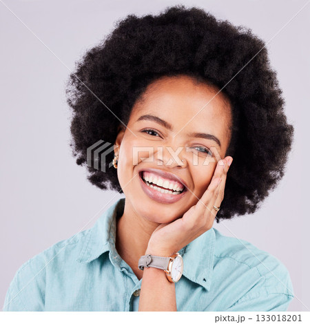 Studio, face portrait and afro black woman with beauty makeup, luxury cosmetics or facial skincare glow. Natural dermatology health, spa salon and happy aesthetic person isolated on grey background 133018201