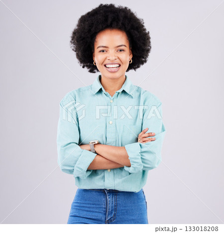 Smile, arms crossed and portrait of black woman in studio for confidence, positive and empowerment. Happiness, funny and elegant with female isolated on white background for young, excited and pride Smile, arms crossed and portrait of black woman in studio for confidence, positive and empowerment. Happiness, funny and elegant with female isolated on white background for young, excited and pride 133018208