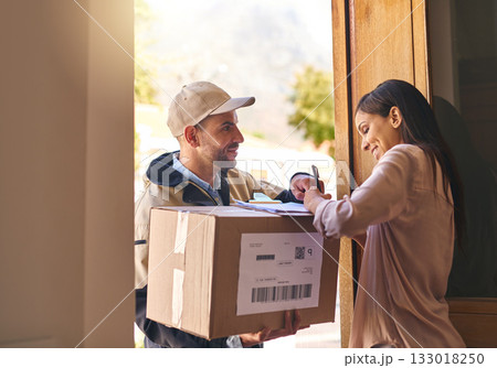 Signature, woman and courier with a box, delivery and distribution with a box, service and professional. Female person, client or employee with a package, sign and shipping with a parcel or cardboard 133018250