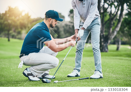 Golf lesson, teaching and sports coach help man with swing, putt and stroke outdoor. Lens flare, green course and club support of a athlete ready for exercise, fitness and training for a game 133018304