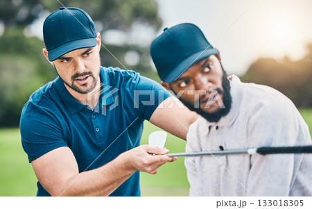 Teaching, lesson and men playing golf, learning good form and sports hobby. Help, instructor and a black man with a coach for professional sport training, physical activity and golfing on a course 133018305