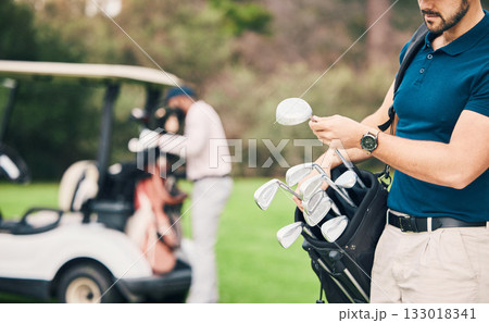 Golf, sports and man with golfing club on course ready to start game, practice and training for competition. Professional golfer, activity and male caddy on grass for exercise, fitness and recreation Golf, sports and man with golfing club on course ready to start game, practice and training for competition. Professional golfer, activity and male caddy on grass for exercise, fitness and recreation 133018341