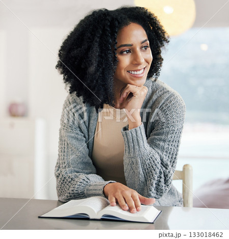 Happy woman, bible book or thinking of hope, motivation or ideas in Christianity religion or holy faith. Thoughtful smile, prayer or girl studying or worshipping God in spiritual literature at home Happy woman, bible book or thinking of hope, motivation or ideas in Christianity religion or holy faith. Thoughtful smile, prayer or girl studying or worshipping God in spiritual literature at home 133018462