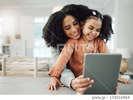 Tablet selfie, happy family and mother and child having fun, bonding and enjoy quality time together in London home. Memory photo, happiness and mom embracing young girl, kid or youth for picture 133018464