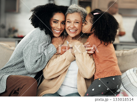 Laughing, hug and portrait of family with affection, visit and bonding on mothers day. Smile, love and mother, child and grandmother hugging, being affectionate and cheerful for quality time together Laughing, hug and portrait of family with affection, visit and bonding on mothers day. Smile, love and mother, child and grandmother hugging, being affectionate and cheerful for quality time together 133018514
