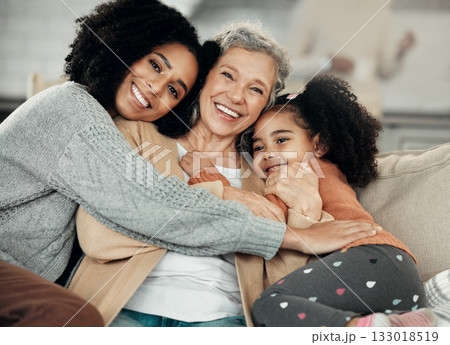 Happy, hug and portrait of family with affection, visit and bonding on mothers day. Smile, interracial and mother, child and grandmother hugging, being affectionate and cheerful for quality time Happy, hug and portrait of family with affection, visit and bonding on mothers day. Smile, interracial and mother, child and grandmother hugging, being affectionate and cheerful for quality time 133018519