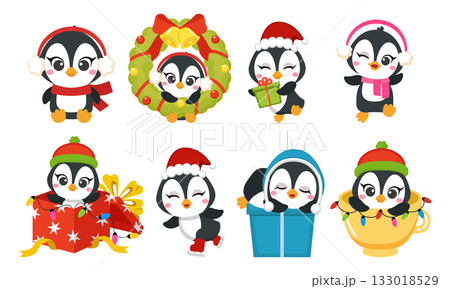 Cute Christmas Penguin character clipart collection 133018529