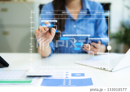Project manager working and update tasks with milestones progress planning and Gantt chart scheduling diagram. business working with smart phone, tablet Project manager working and update tasks with milestones progress planning and Gantt chart scheduling diagram. business working with smart phone, tablet 133018577
