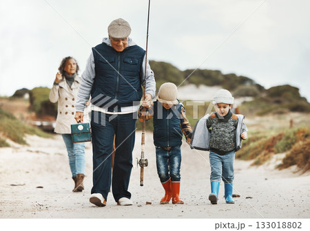 Relax, fishing and travel with family at beach for vacation, bonding and outdoor hobby. Happiness, retirement and holiday with grandparents and children in nature for learning, adventure and weekend 133018802