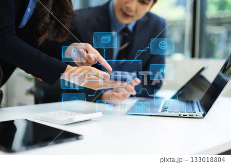 Working team meeting concept, business using laptop and smart phone and digital tablet computer with digital marketing media  in virtual icon 133018804