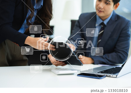 Working team meeting concept, business using laptop and smart phone and digital tablet computer with digital marketing media in virtual icon Working team meeting concept, business using laptop and smart phone and digital tablet computer with digital marketing media in virtual icon 133018810
