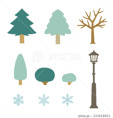 公園の木々と雪の結晶と街灯のフラットなイラスト（セット） 133018851