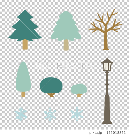 公園樹木、雪花和路燈的平面插圖(一套) 公園樹木、雪花和路燈的平面插圖(一套) 133018851