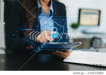 Cybersecurity and privacy concepts to protect data. Lock icon and network security technology. Man protecting personal data Cybersecurity and privacy concepts to protect data. Lock icon and network security technology. Man protecting personal data 133018869