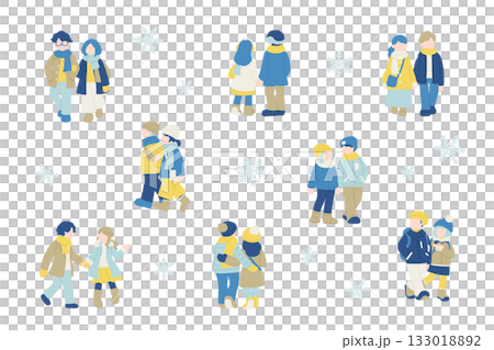 Flat illustration (set) of a friendly couple [man and woman] in winter clothes and snowflakes 133018892
