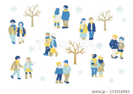 雪の日に散歩する冬服の仲良しカップル[男女]のフラットなイラスト（セット） 133018893