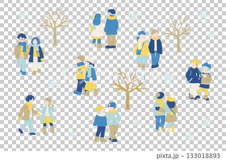 一組扁平插畫，描繪了一對友善的男女身著冬裝，在雪天漫步。 133018893