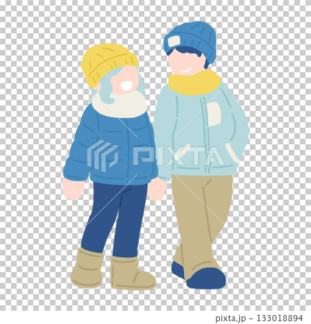 一對穿著冬裝、手牽手的友好情侶（一男一女）的扁平化插畫。 133018894