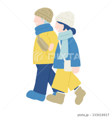 腕を組んでいる冬服の仲良しカップル[男女]の横向きのフラットなイラスト 133018917