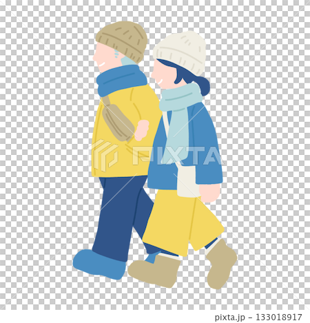 A horizontal flat illustration of a friendly couple [man and woman] in winter clothes holding hands 133018917