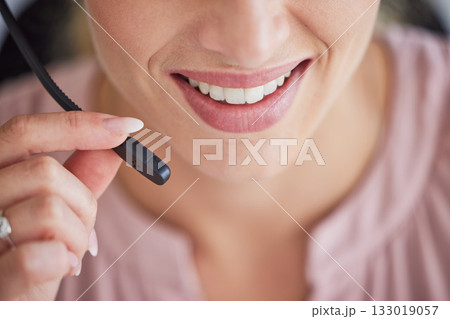 Microphone, mouth or woman in call center, communication or telemarketing in customer service. Zoom of smile, female agent or happy consultant speaking or talking at technical support or help desk Microphone, mouth or woman in call center, communication or telemarketing in customer service. Zoom of smile, female agent or happy consultant speaking or talking at technical support or help desk 133019057