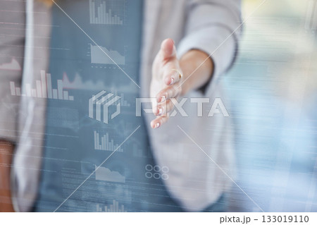 Woman, handshake and meeting in b2b, greeting or partnership for thank you, welcome or introduction at office. Female employee shaking hands for deal, success or finance agreement on hologram overlay 133019110
