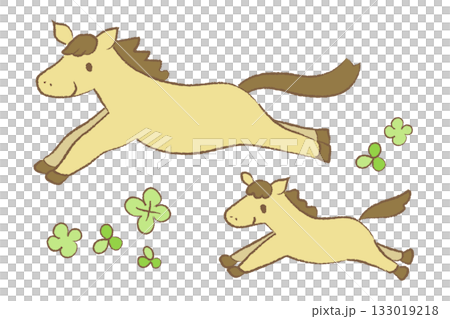 新年賀卡插畫素材。一幅可愛的手繪插圖，描繪了一匹奔跑的馬和它的孩子。 133019218