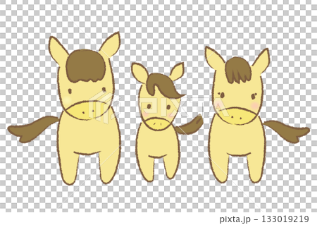 新年賀卡插畫素材。一幅可愛的手繪插圖，描繪了一位母親和她的小馬面向前方。 133019219