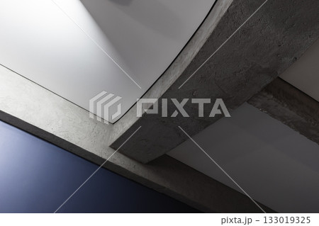 A striking interior detail featuring curved concrete beams crossing white panels 133019325