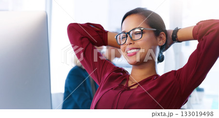 Relax, computer and a business woman done working for the day in her office with her hands behind her head. Happy, flare and complete with a young female employee at work online using a desktop Relax, computer and a business woman done working for the day in her office with her hands behind her head. Happy, flare and complete with a young female employee at work online using a desktop 133019498