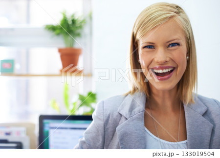 Office, face portrait and happy woman, business agent or manager smile for career growth, job success or workplace happiness. Management, administration and person smiling for corporate service work 133019504