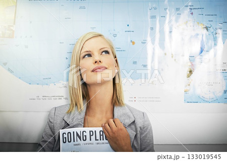 Travel agency brochure, woman and agent thinking of vacation ideas, tourism plan or planning international trip. Book magazine, business inspiration and person contemplate holiday destination choice Travel agency brochure, woman and agent thinking of vacation ideas, tourism plan or planning international trip. Book magazine, business inspiration and person contemplate holiday destination choice 133019545