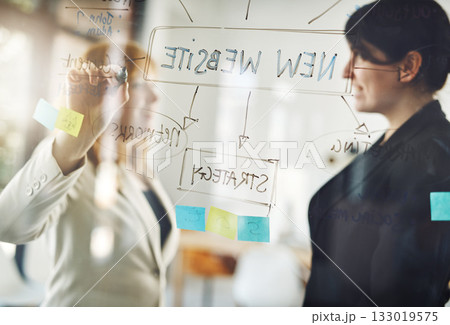 Business people, team and writing on glass for strategy of new website, planning mindmap and project goals. Brainstorming, collaboration and notes of ideas on window for workflow objectives 133019575