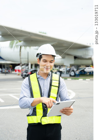 Aviation engineer inspects airplane for safety compliance. Professional aerospace technician at work in airport maintenance 133019711