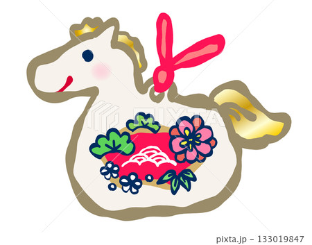 年賀状のイラスト素材。かわいい縁起物の飾りがついた、白馬の土鈴のイラスト。 年賀状のイラスト素材。かわいい縁起物の飾りがついた、白馬の土鈴のイラスト。 133019847